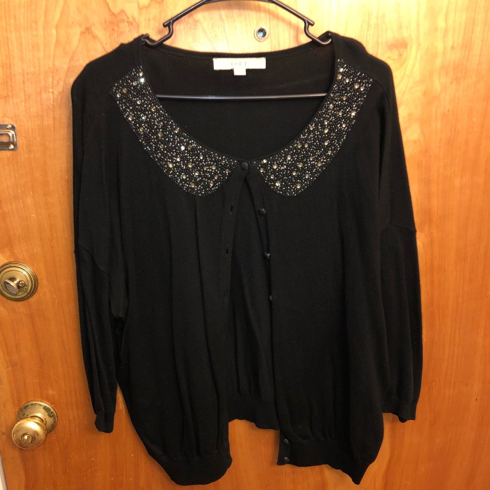 LOFT black cardigan with jeweled Peter Pan collar